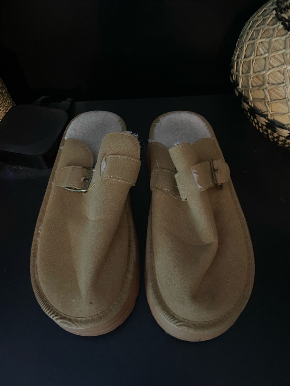 Amazon Tan Suede Slip-On Mules with Buckle